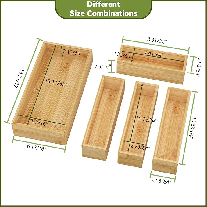 BAMEOS Utensil Drawer Organizer, 5 Slots Silverware Organizers for Kitchen Drawers, Bamboo Flatware Organizer for Knives Cutlery Spoons Forks (Natural)