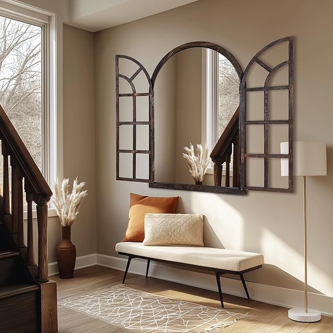 Arched Wall Mirror with Window Design, 38"x26" Rustic Farmhouse Wood Mirror for Wall Decor, Decorative Vintage Arch Mirror for Living Room, Bedroom, Entryway
