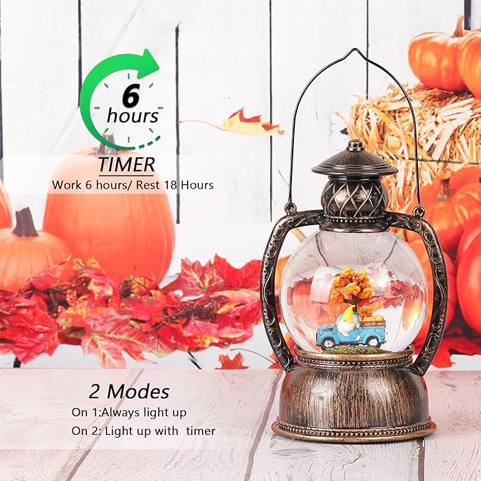 Fall Snow Globes, Blue Truck Pumpkin and Gnome Scene Snow Globes, Glittering Lantern with Timer, Snow Globe Lantern USB or Battery Powered for Fall Festival Thanksgiving Day Decor