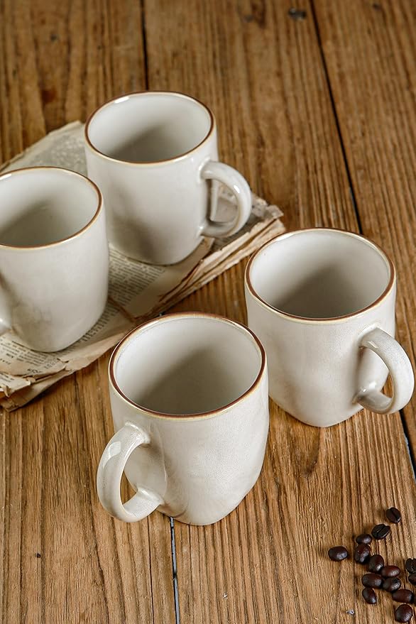 famiware Coffee Mugs Set of 4, Ocean Square 13oz Coffee Cup Set with Handle for Cocoa, Milk, Hot Chocolate, Stoneware Cups for Kitchen, Reactive Glaze, Microwave and Dishwasher Safe, Cappuccino White