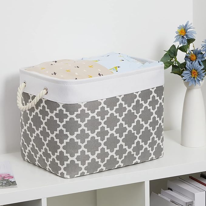 Bidtakay Large Fabric Storage Basket Set of 2 Collapsible Rectangle Basket for Shelves 16" X 11.8" X 11.8" Decorative Organizer Bins for Clothes Toys(White&Quatrefoil Grey)