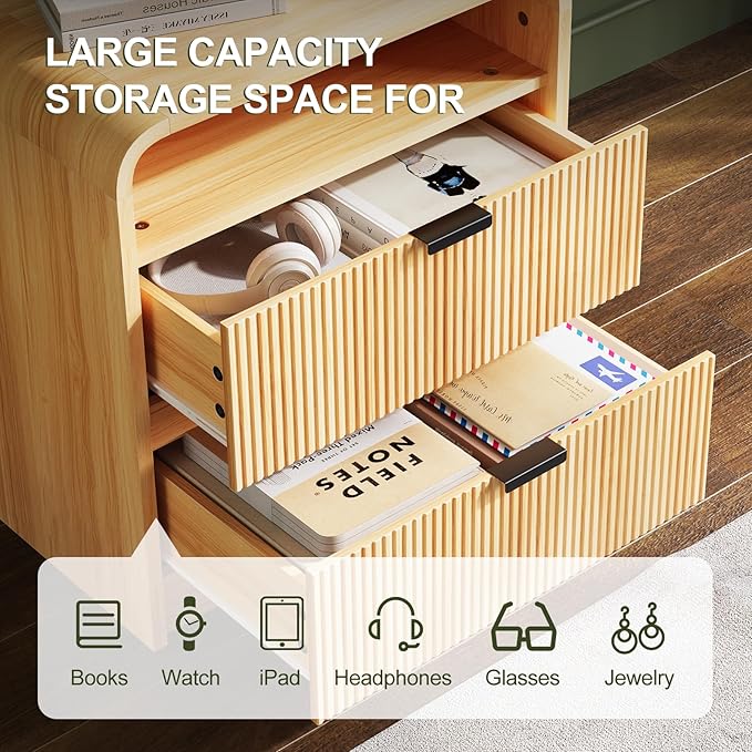 FURSUN 24" Fluted Nightstand Set of 2 with Charging Station, Wooden End Table with 2 Drawers Storage, Curved Profile Design, Modern Bedside Cabinet for Bedroom Living Room, Natural Oak
