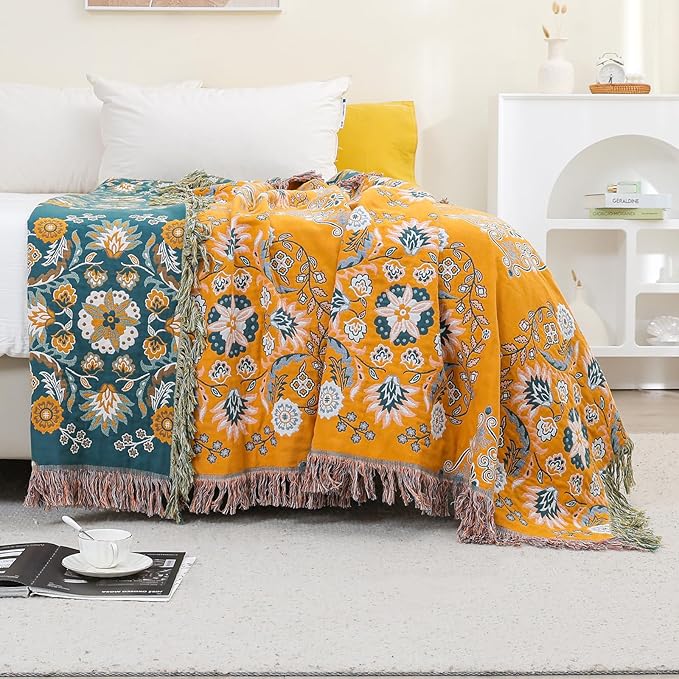 Boho Throw Blanket for Bed,100% Cotton Ultra Soft Lightweight Muslin 4-Layer Breathable Woven Throws 90''x 98'' Blanket Yellow Floral Printed Farmhouse Decor Bed Blankets