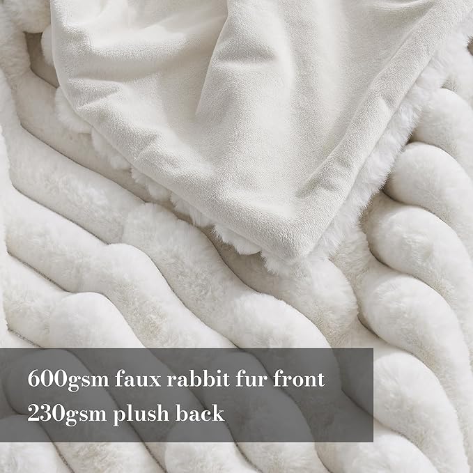 Amélie Home Faux Fur Throw Blanket for Couch, Cozy Fuzzy Fluffy Fur Luxurious Soft Striped Plush Gift Blankets for Family Sofa Chair Bed Living Room Bedroom, 55"x70", Ivory
