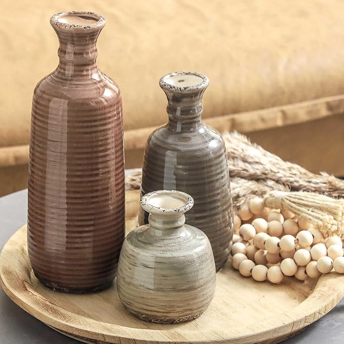 Ceramic Vases Set of 3, Neutral Rustic Farmhouse Vases Home Decor Decorative Flower Vase Modern Boho Pampass Vase for Table Mantel Entryway Shelf Living Room Kitchen Bathroom - Brown