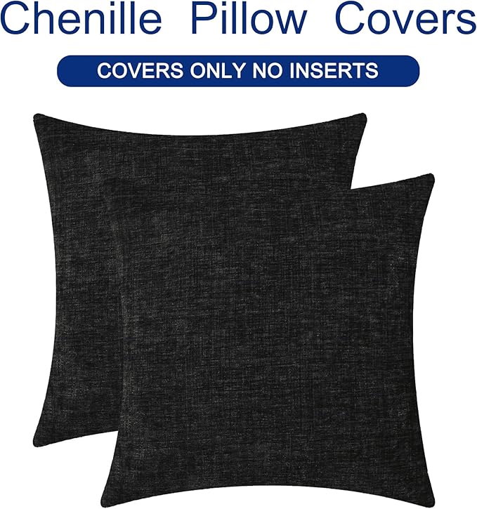 CaliTime Throw Pillow Covers Decorative 26 X 26 Inches Pack of 2 Cozy Chenille Cushion Cases for Couch Sofa Bed Living Room Home Black