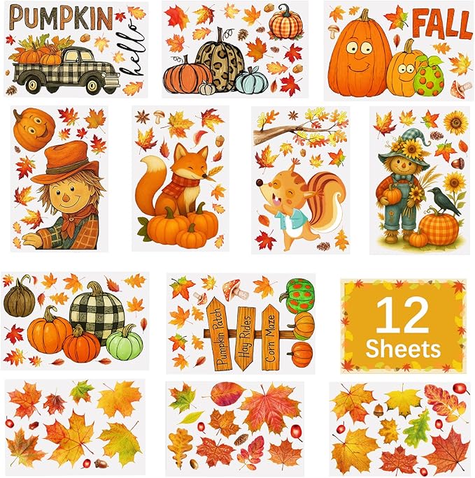 DC-BEAUTIFUL 153 Pcs Fall Window Clings, 12 Sheets Double Sided Autumn Pumpkin Scarecrow Maple Leaf Glass Stickers, Reusable Static Thanksgiving Window Decals Party Decors for Home Office School Shop