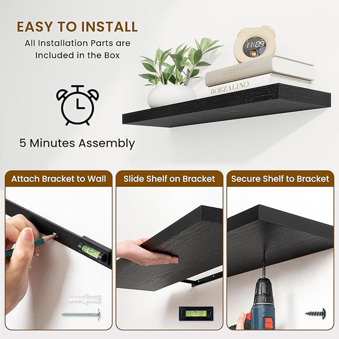 Fun Memories 24 Inch Floating Shelves for Wall, 9 Inch Deep Black Rustic Wood Wall Mounted Shelves for Bathroom, Kitchen, Living Room, Set of 2