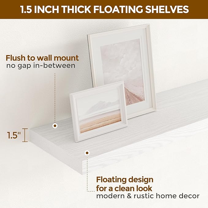 Fun Memories White Floating Shelves 16 Inch Long, 9 Inch Deep Wall Shelf for Bathroom, 16 x 9 Floating Shelf for Living Room, Bedroom, Kitchen, Rustic Wood Shelves for Wall, Set of 2