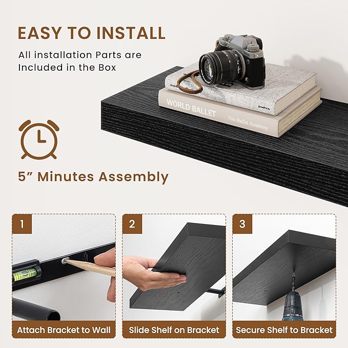 fuqing Floating Shelves for Wall, Bathroom Shelf Wall Mounted for Storage, Shelves with Invisible Bracket for Bedroom, Kitchen, Living Room, Farmhouse Small Book Shelf, 30 Inch Set of 2, Black