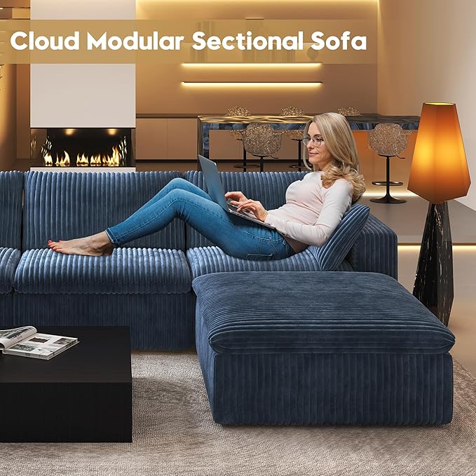 118" U Shaped Modern Sofa Modular Sectional Cloud Couch with 2 Ottoman,Upholstered Couches with Plush Corduroy Fabric for Living Room Furniture,Bedroom and Apartment,No Assembly Required,Blue