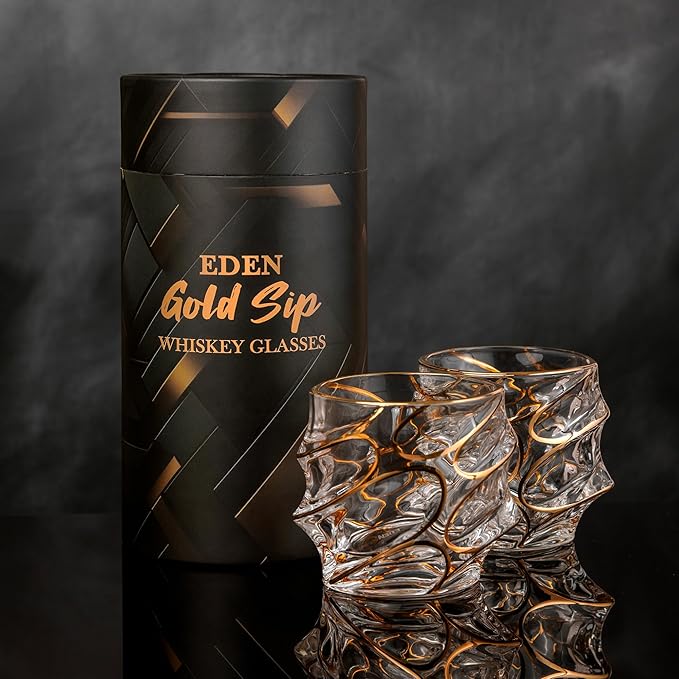 EdensDECOR Whiskey Glasses Gift Set (24k Gold Plated) Luxury Gift For Men, Bourbon, Scotch, Dad, Husbands