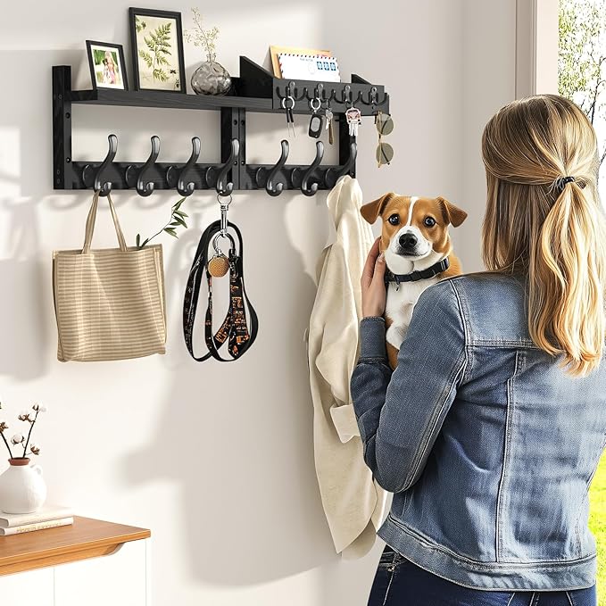 29" Coat Rack Wall Mount with Shelf, 4 in 1 Wall Mounted Coat and Key Hanger with 11 Hooks, Entryway Key Holder with Mail Holder for Living Room, Bedroom, Black