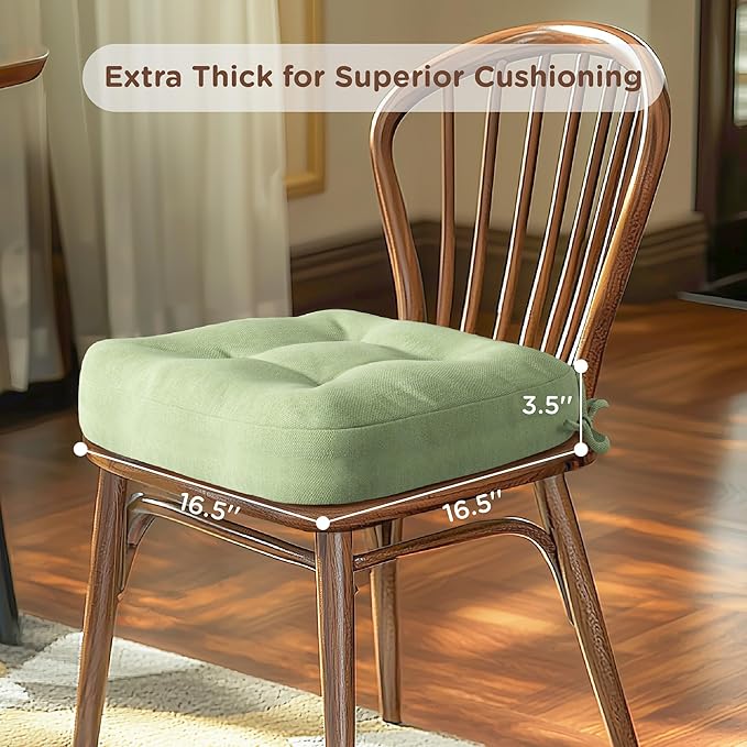 Codi Dining Chair Cushions 2 Pack, Thick Chairs Pads for Indoor Kitchen Room - Washable, Non-Slip Memory Foam Seat Cushion with Ties, 16.5"x16.5"x 3.5", Set of 2, Sage