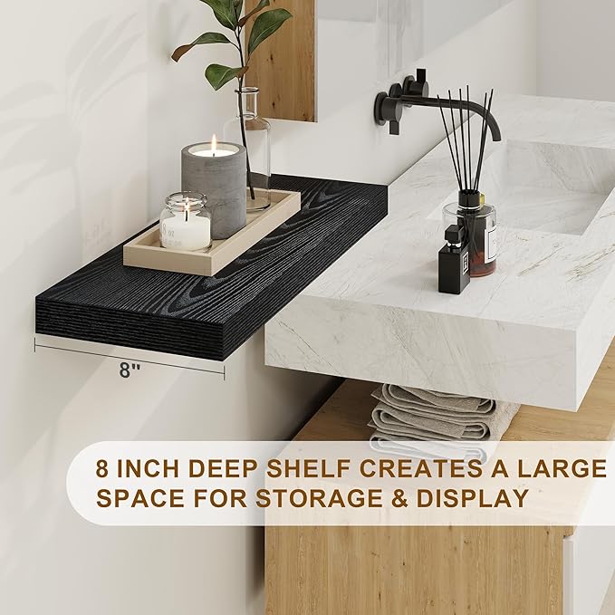 Fun Memories Rustic Black Floating Shelves 24 Inch Long, 8 Inch Deep Floating Shelf, 24 x 8 Wall Shelves Set of 2, Deep Black Bathroom Shelves, 24 Long Floating Bookshelf Wall Mounted