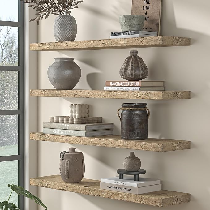 Fun Memories Floating Shelves for Wall Decor, 30"x8" Rustic Reclaimed Wood Shelves, Heavy-Duty Wall Mounted Shelves with Invisible Brackets, Set of 2for Living Room, Bedroom, Kitchen, Natural Finish