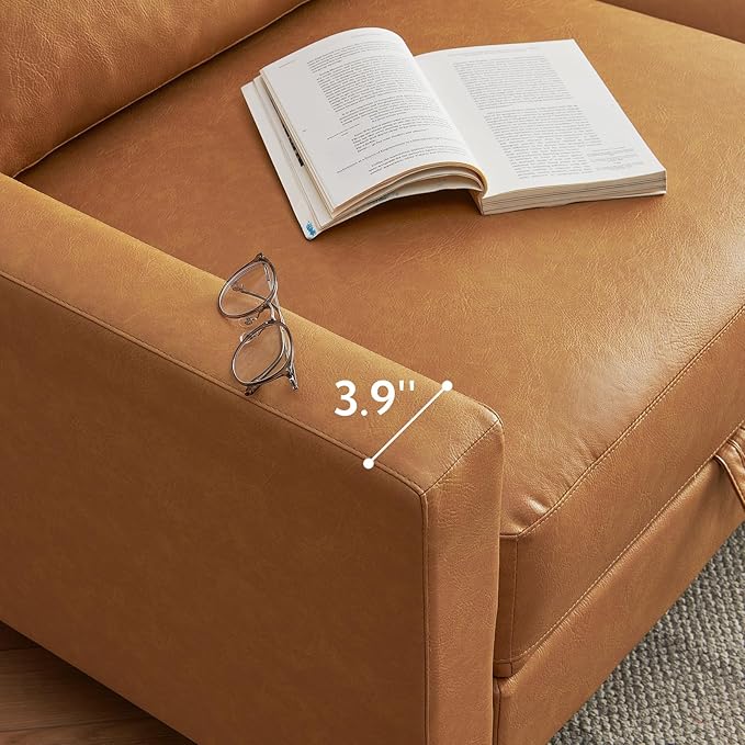 Faux Leather Modular Sofa Couch 128" Modern 7-Seat Sofa with Chaises, Upholstered Sectional Couch with Wood Square Legs for House, Living Room, Reception Room, Apartment, Tan