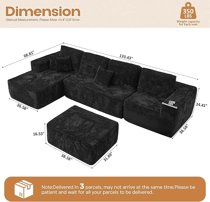Cloud Sectional Couches for Living Room,U Shaped Modular Sofas No Assembly,133x68 Inches Plush Corduroy Oversized Floor Couch Set with Deep Seat Chaise,Black