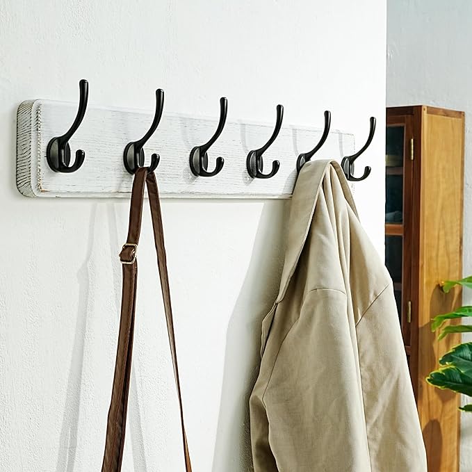 Dseap Coat Rack Wall: 24" Long, Patented, Heavy-Duty, 6-Double-Hooks Wooden Wall Mounted Coat Rack Coat Hanger Hook Rail for Winter Coats Hat Jacket Clothing, White & Black
