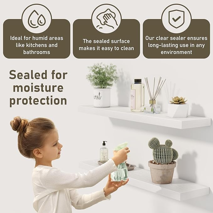 Fun Memories White Floating Shelves 36 Inch Long, Rustic Farmhouse Bathroom Shelves Over Toliet, 36 x 8 Inch Floating Shelves for Wall, Deep Wall Shelf for Living Room, Kitchen, Bedroom, Set of 2