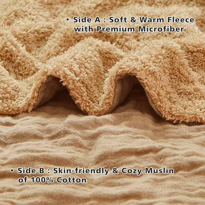 EMME Muslin and Fleece Twin Blanket Reversible - 60"*80" Beige Soft Warm Throw Blankets for Couch Bed Picnic Travel Bed
