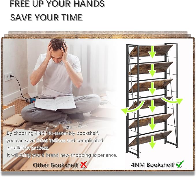 4NM No Assembly Foldable Bookshelf, 6-Shelf Collapsible Bookcase Storage for Small Spaces, 74" H, Rustic Brown and Black