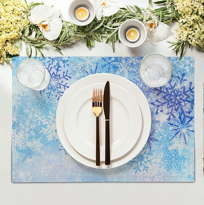 Blue Snowflake Winter Placemats Set of 4 Xmas Snow Place Mat Merry Christmas Linen Fabric Table Mats Washable Heat Resistant Placemat for Farmhouse Kitchen Dining Party Decoration