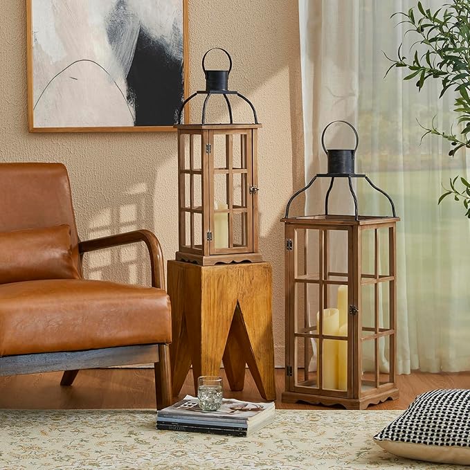 Glitzhome Set of 2 Oversized Farmhouse Wood Lanterns with Metal Top Decorative Hanging Candle Lanterns for Home Décor, Natural (No Glass)