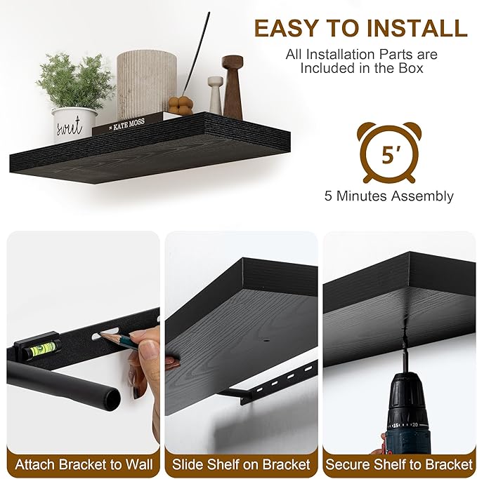 Black Floating Shelves 48 Inch Long, 8 Deep Floating Shelves for Wall, Rustic 48" Long Fireplace Mantel, Large 48 x 8 Wall Shelves for Bedroom, Living Room, Bathroom, Black Deep Shelves Set of 1