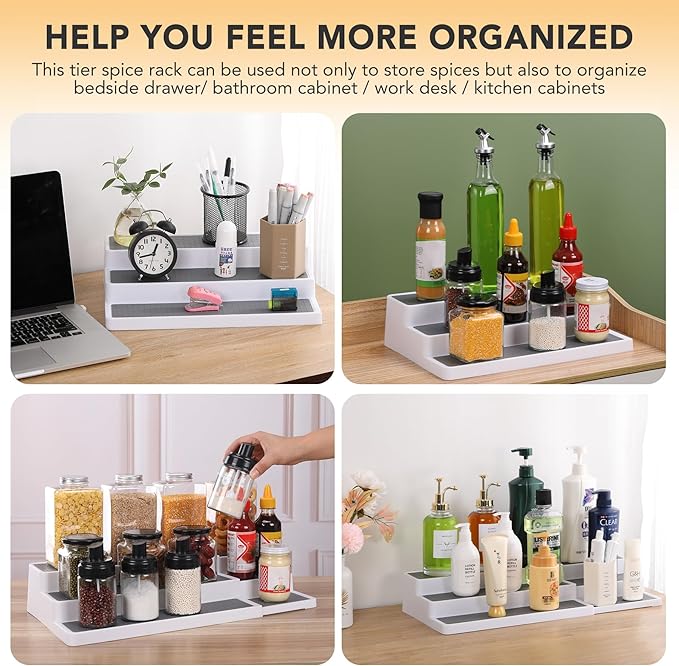 3 Tier Expandable Spice Rack Organizer, White/Grey Plastic Spice Rack, Adjustable Length 14.6In-25.8In, 2 Pack Non-Skid Tiered Spice Shelf Organizer for Kitchen Cabinet, Cupboard, Pantry