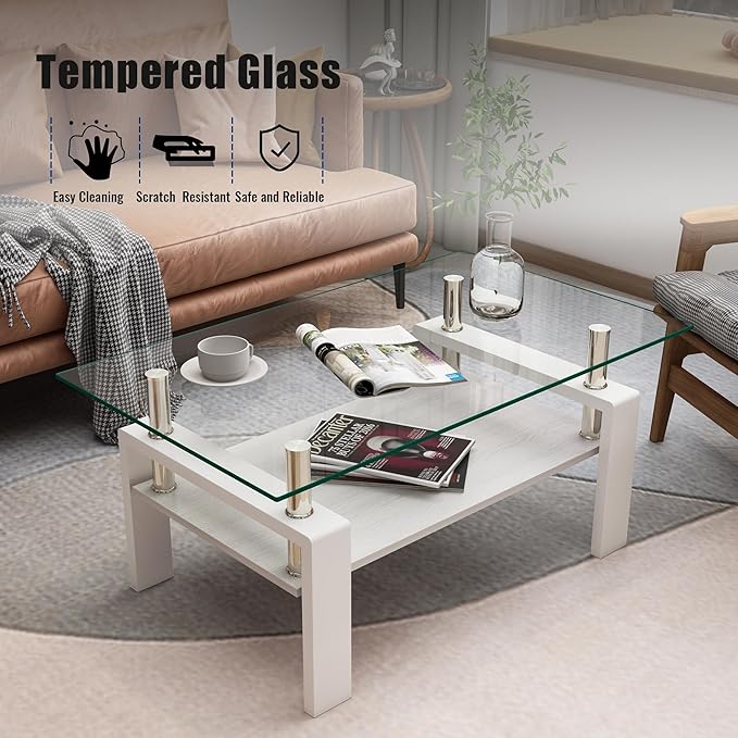 Glass Coffee Table Rectangle Living Room Center Table, with Transparent Tempered Glass Tabletop and White MDF Layer,for Living Room and Office, Transparent +White