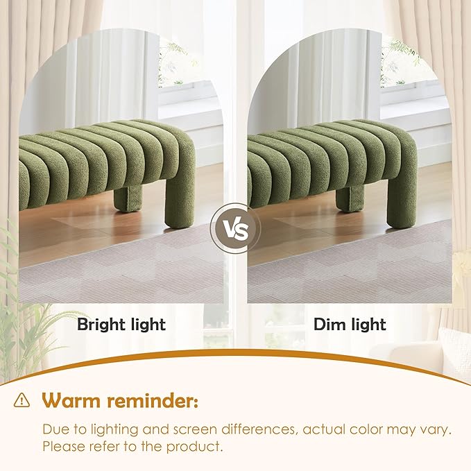 43.3" Bedroom Bench, Upholstered Entryway Bench, Modern End of Bed Ottoman with Solid Wood Legs and Adjustable Foot Pegs for Entryway, Dining Room and Living Room (Green Boucle)