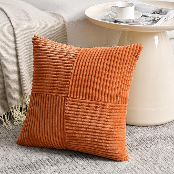 Fancy Homi 2 Packs Orange Fall Decorative Throw Pillow Covers 16x16 Inch for Living Room Couch Bed Sofa, Farmhouse Boho Home Decor, Soft Corss Patchwork Corduroy Textured Square Cushion Case 40x40 cm