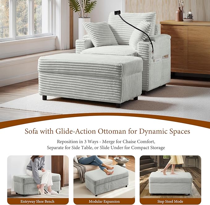 Accent Chair with Storage Ottoman Upholstered Living Room Chairs for Reading Chair with Chaise Lounge Chairs Indoor, Comfortable Armchair for Bedroom