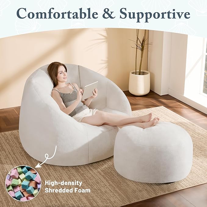 Giant Bean Bag Chaise Lounge Indoor Chair for Adults - Comfy Plush Round Shell Soft Accent Chair, Oversized Cozy Floor Sofa for Living Room, Bedroom & Game Rooms, Beige