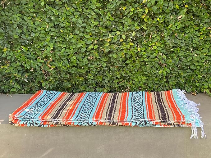 Del Mex Classic Mexican Blanket, Large Authentic Woven Falsa Throw (70"x50"), Artisan Southwest Décor for Beach, Yoga, Outdoors (Mint/Tan/Orange)