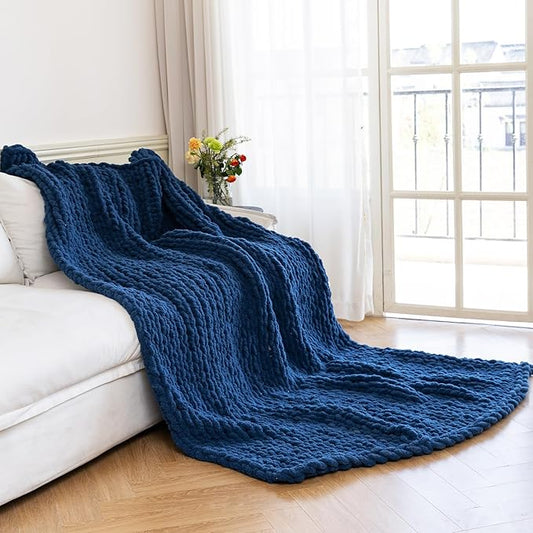 Chunky Knit Blanket - Luxury Soft Cozy 40 * 50 Throw Blanket,100% Woven Blanket Rope Knot Throw Blanket for Couch, Sofa, Home Decor, Gift - Machine Washable（Deep Blue）