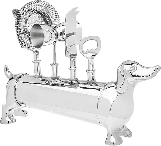 Godinger Bar Tool Set with Stand - Dachshund Bartender Mixology Kit - 5 pc Set