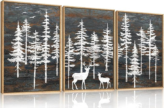 Celestdeco Modern White Forest Framed Canvas Wall Art Set, Minimalist Woodland Art Painting, Retro Tree Landscape Wall Decor, Wildland Deer Artwork for Living Room, Dining Room, Office - 24"x36"x3