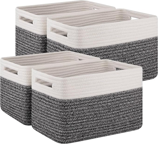 4 Pack Storage Baskets for Organizing, Woven Baskets for Shelves - Perfect for Toys, Books, Towels, and Clothes, Durable Gift Basket Bins Toy Storage, 13''Lx9''Wx7.8''H, Black & White