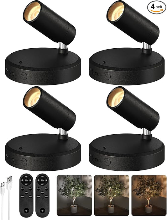 EZVALO Spotlights Indoor with Remote,5500mAh Rechargeable Picture Lights, Wireless LED Uplighting with Timer＆Dimmable, 3CCT,Mini Plant Spot Lights for Painting,Artwork,Accent Lighting(4Pack-Black)