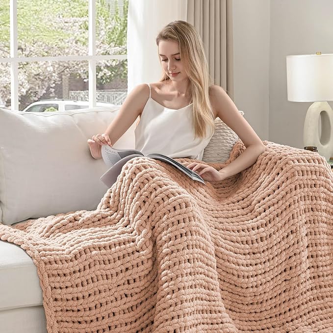Esterra Chunky Knit Blanket Throw 60"x80", 100% Hand Knitted Chenille Throw Blanket, Cozy Soft Thick Cable Knit Throw Large Rope Knot Crochet Throw Blanket for Sofa Couch Bed, Dusty Pink