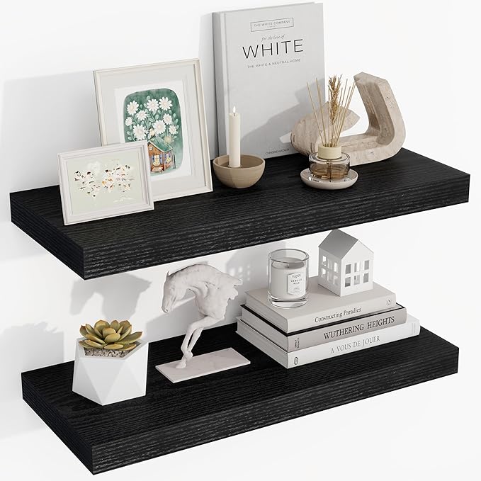 24 Inch Floating Shelves, 24"x9.25"x1.5" Inch Deep Floating Shelves for Wall, Wooden Shelves for Bathroom, Bedroom, Living Room, Black