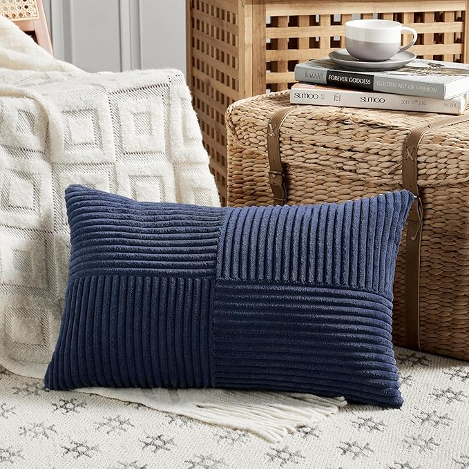 Fancy Homi 2 Packs Navy Blue Lumbar Decorative Throw Pillow Covers 16x32 Inch for Living Room Couch, Rustic Farmhouse Boho Home Decor, Soft Striped Corduroy Rectangle Accent Cushion Case 40x80 cm