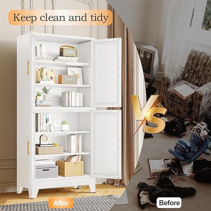 75.2" Tall Metal Pantry Cabinet, Kitchen Pantry Storage Cabinets with 4 Door and 4 Adjustable Shelves, White Storage Cabinet, Freestanding Cupboard for Kitchen Dining Room Living Room Bathroom