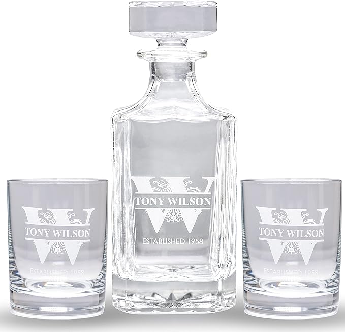 Gifts Inscribed Personalized Whiskey Decanter Set - Engraved Whiskey Decanter Bottle & Set of 2 Custom Drinking Glasses Laser Etched - Customized Whisky Gift for Wedding, Birthday, Fathers Day