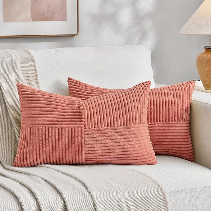 Fancy Homi 2 Packs Coral Long Lumbar Decorative Throw Pillow Covers 16x24 Inch for Couch Bed Sofa, Rustic Farmhouse Boho Home Decor, Soft Striped Corduroy Rectangle Accent Peach Cushion Case 40x60 cm