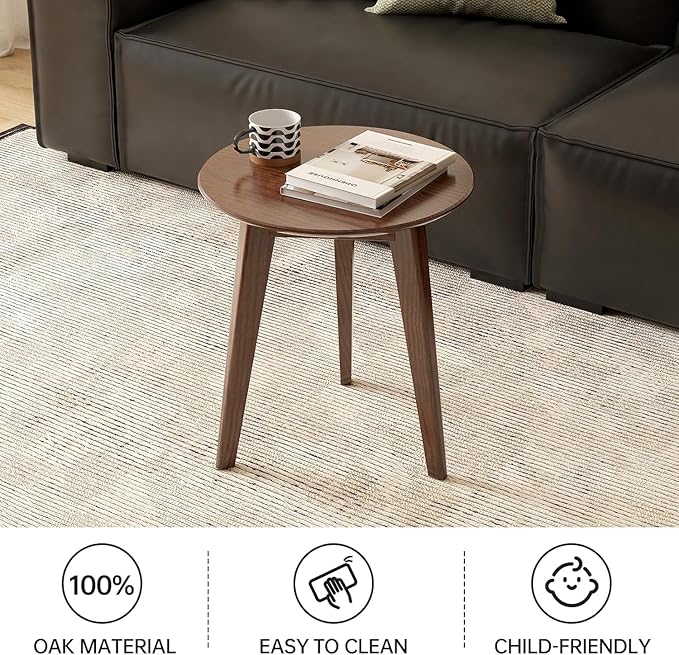 100% Solid Oak Round Side Table Set of 2, Small Bedside Table for Small Spaces, Living Room End Table with Stable Frame, Modern Nightstand for Bedroom Couch(Walnut, 17.71" D x 19.68" H)