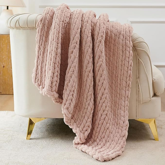 Esterra Chunky Knit Throw Blanket Newly Upgraded Heavy Tighter Version, Handmade Chenille Throw Super Soft, Thick Yarn Cable Knit Crochet Throw Blanket for Couch Bed Sofa, 50" x60, Coral Pink