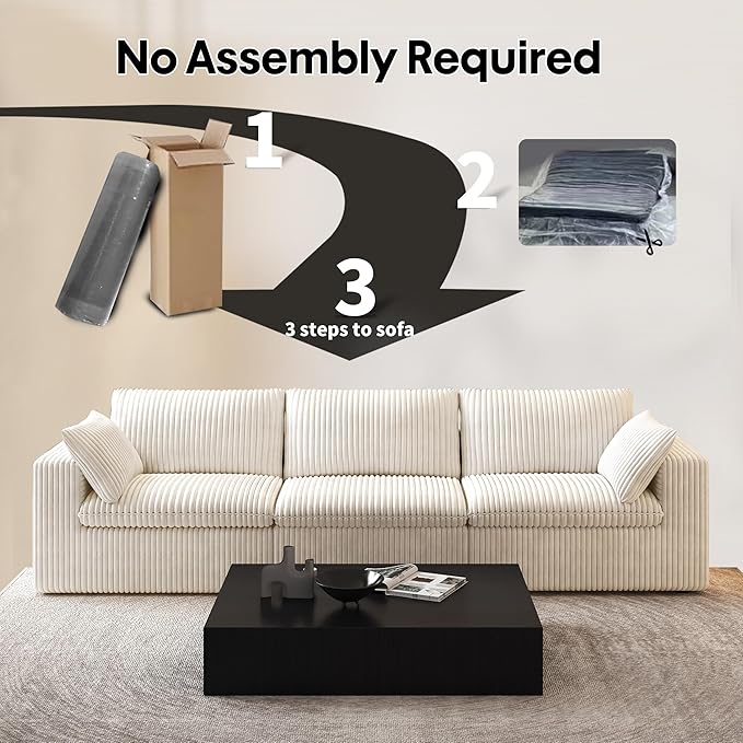 118" 3-Seater Cloud Sofa,Modular Sectional Couch,Modern Deep Seat Upholstered Couches with Plush Corduroy Fabric for Living Room Furniture,Bedroom and Apartment,No Assembly Required,White